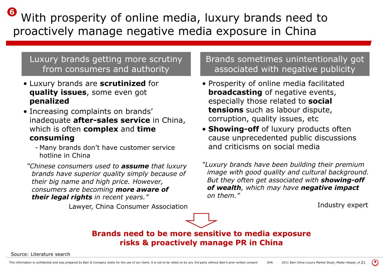 Comparison slide 21 from 2011 Bain China Luxury Market Study