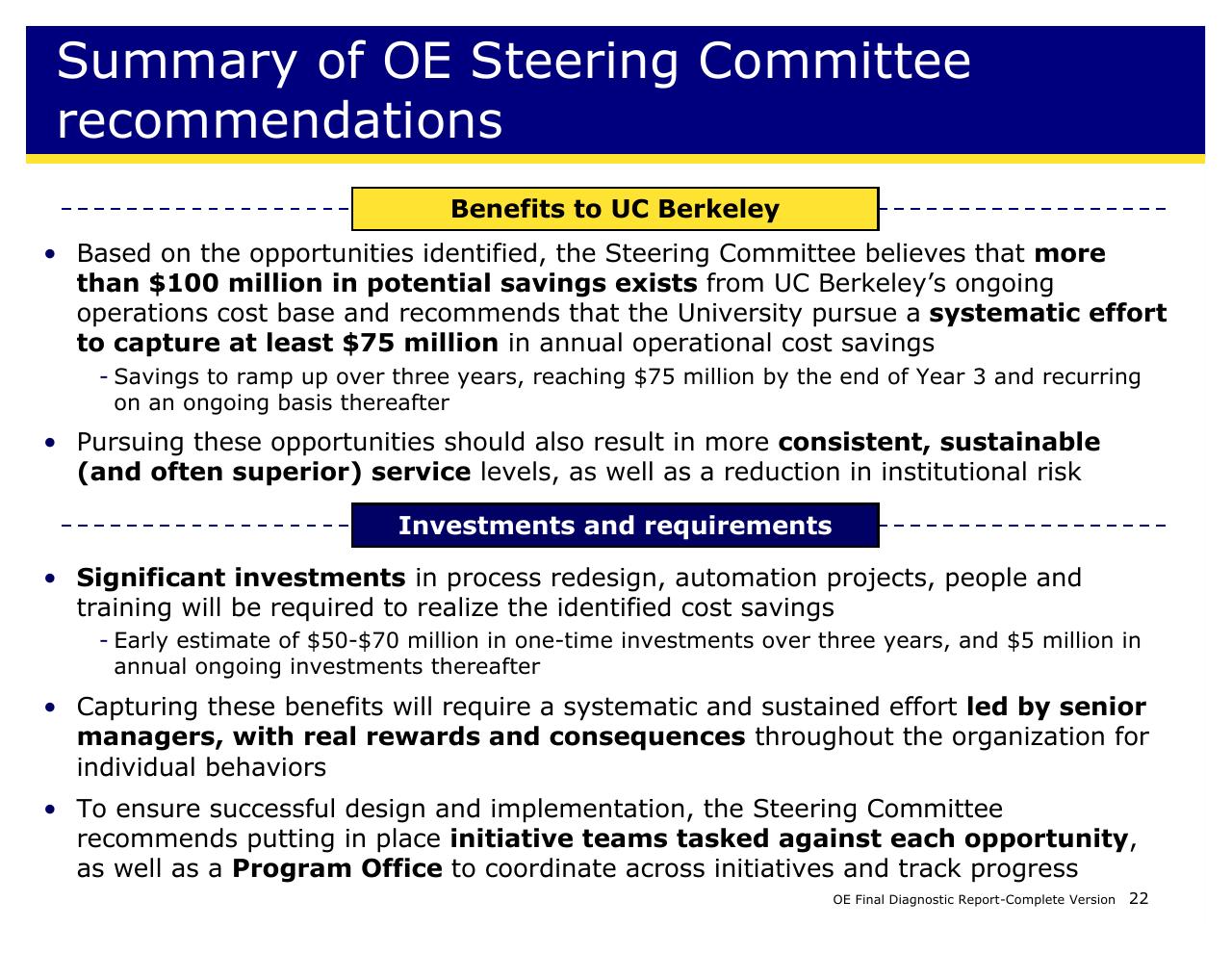 Text slide 22 from Achieving Operational Excellence At University Of California Berkeley