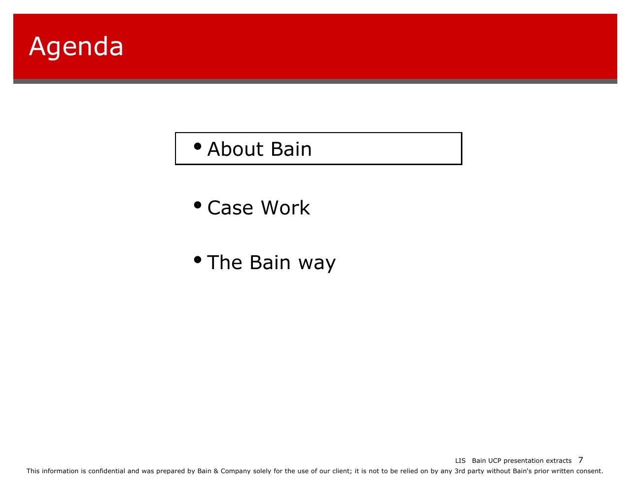 Agenda slide 7 from Introducing Bain And The Way We Work