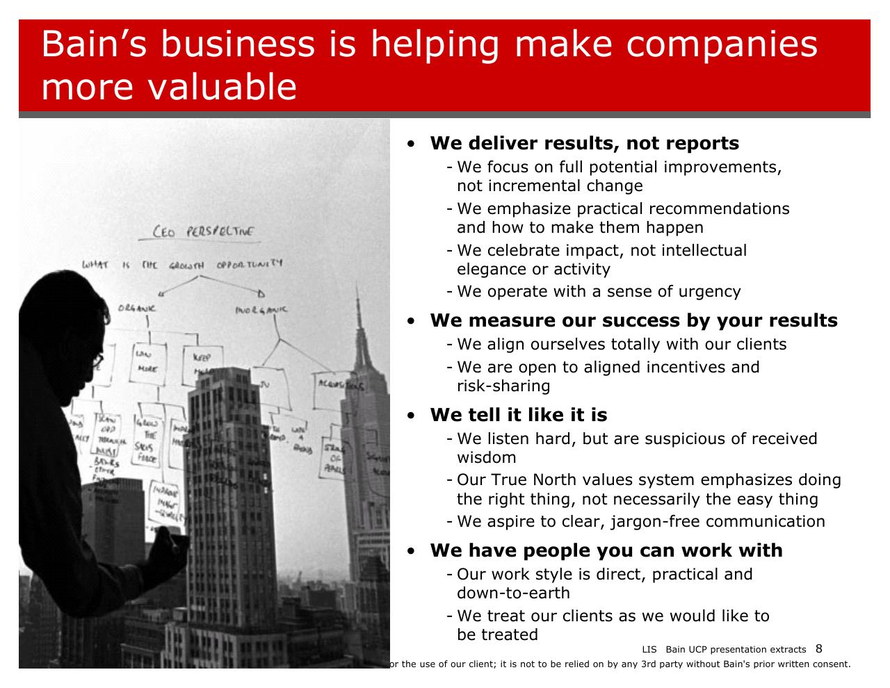 Text slide 8 from Introducing Bain And The Way We Work