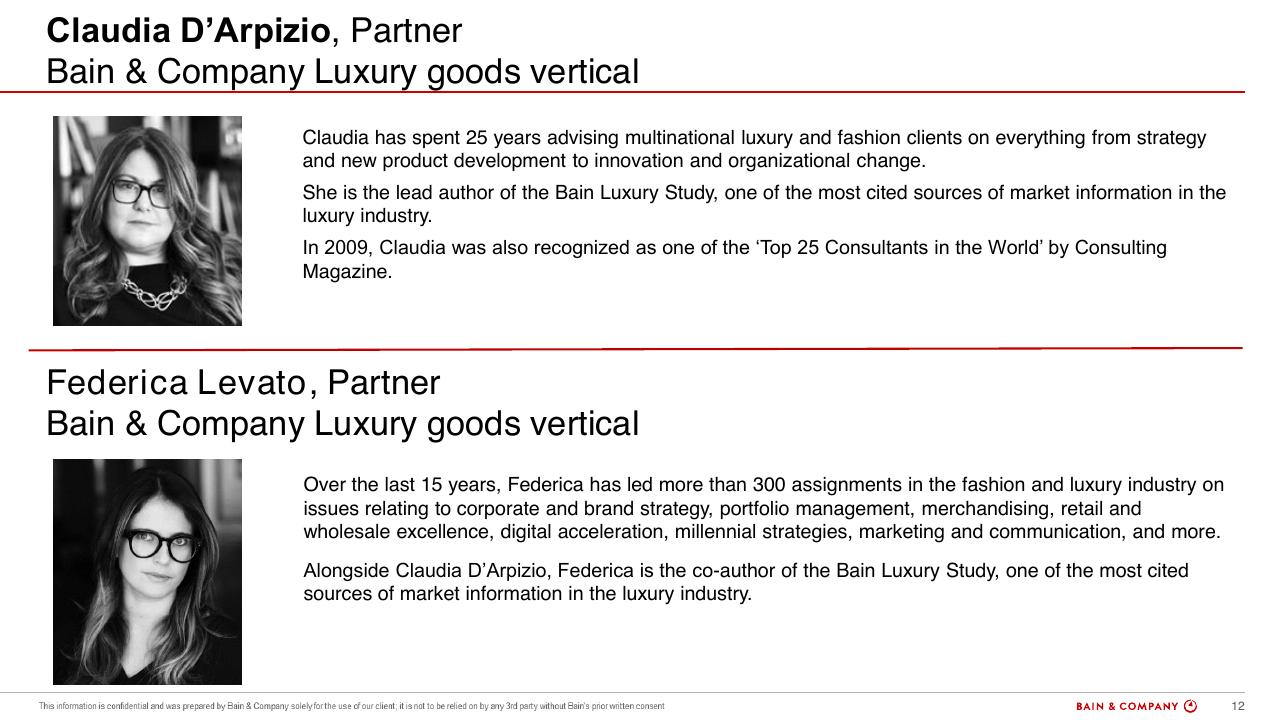 Team slide 12 from Luxury Goods Worldwide Market Study Spring 2019 Bain