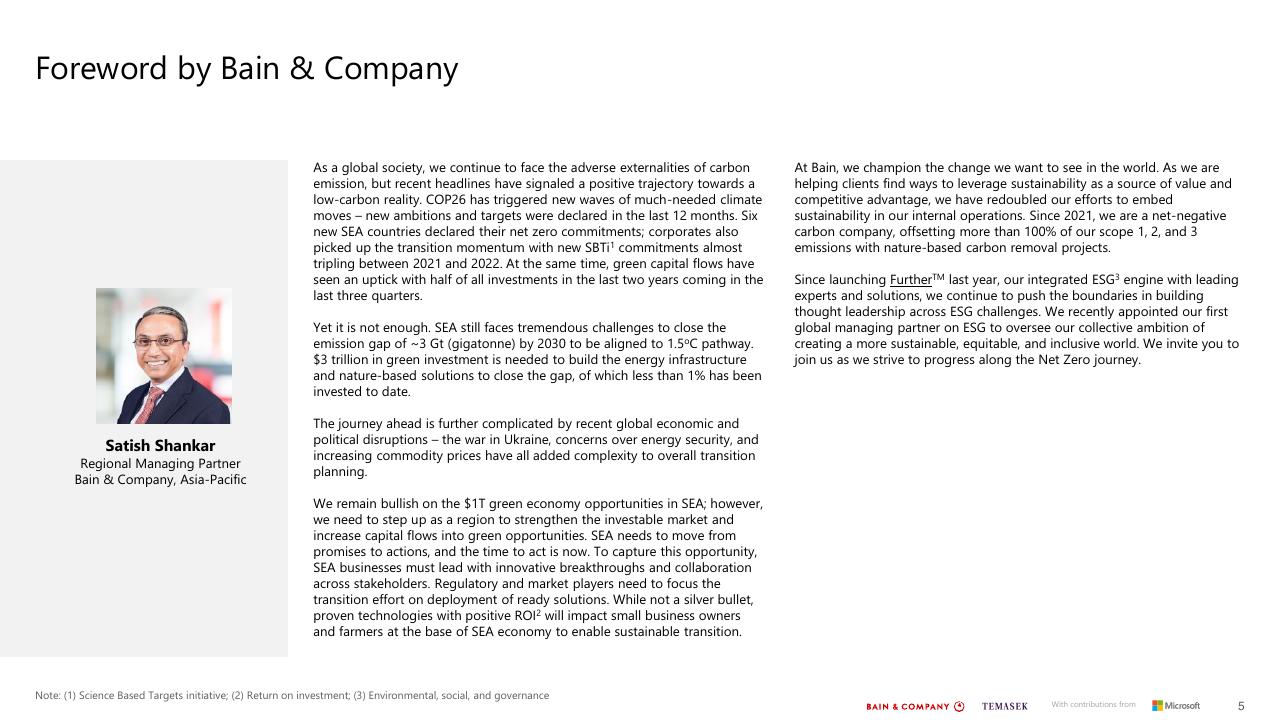 Text slide 5 from Southeast Asias Green Economy 2022 Report Bain