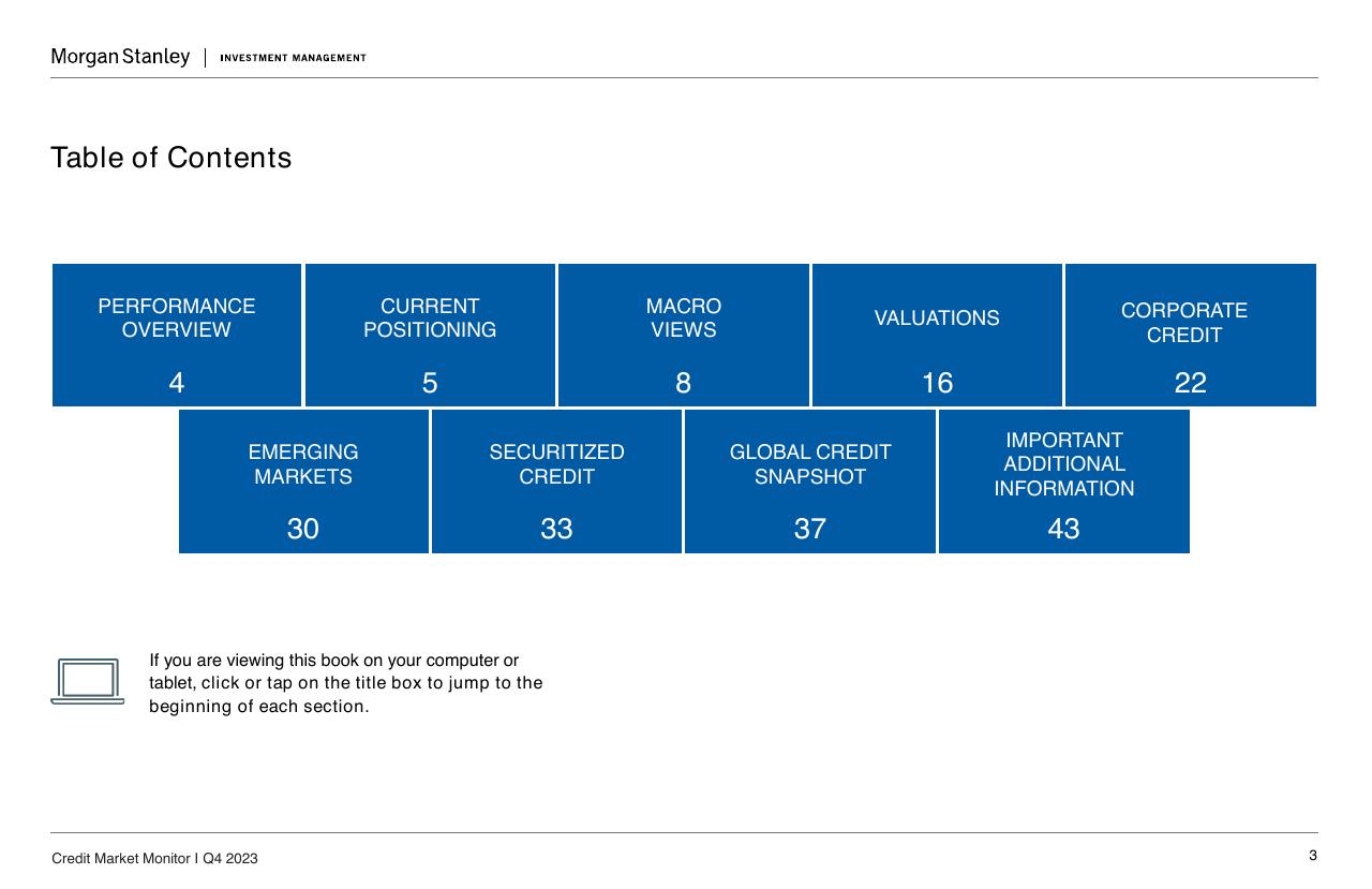 Agenda slide 3 from Credit Market Monitor Morgan Stanley