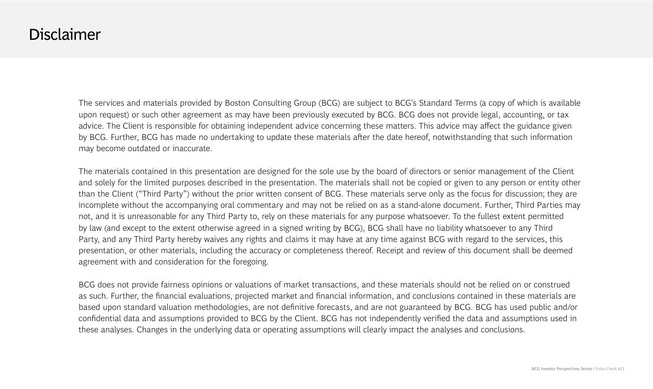 Text slide 27 from BCG Investor Perspective Series Pulse Check 21 BCG
