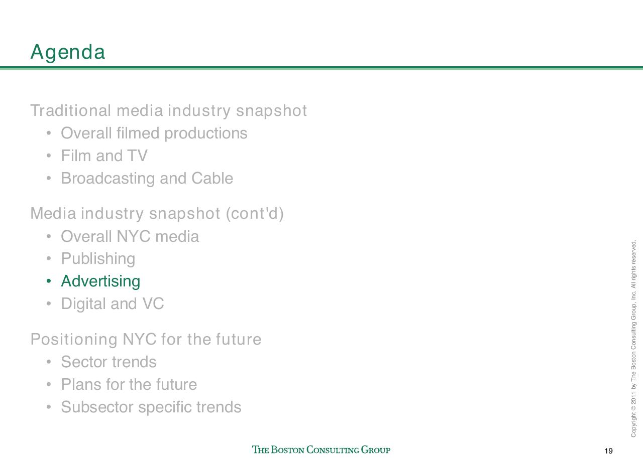 Agenda slide 20 from Evaluating Nyc Media Sector Development And Setting The Stage For Future Growth