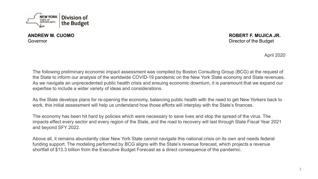 Text slide 3 from Ny COVID 19 Preliminary Economic Impact Assessment BCG