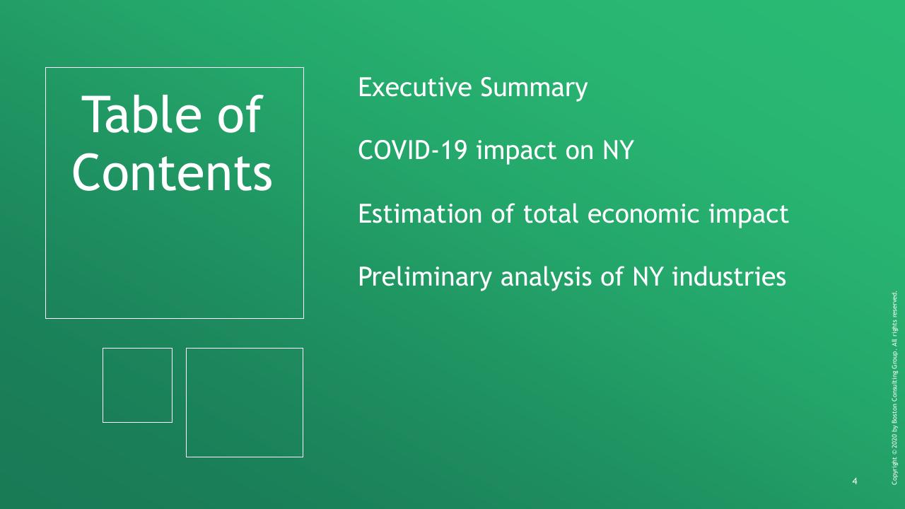 Agenda slide 5 from Ny COVID 19 Preliminary Economic Impact Assessment BCG