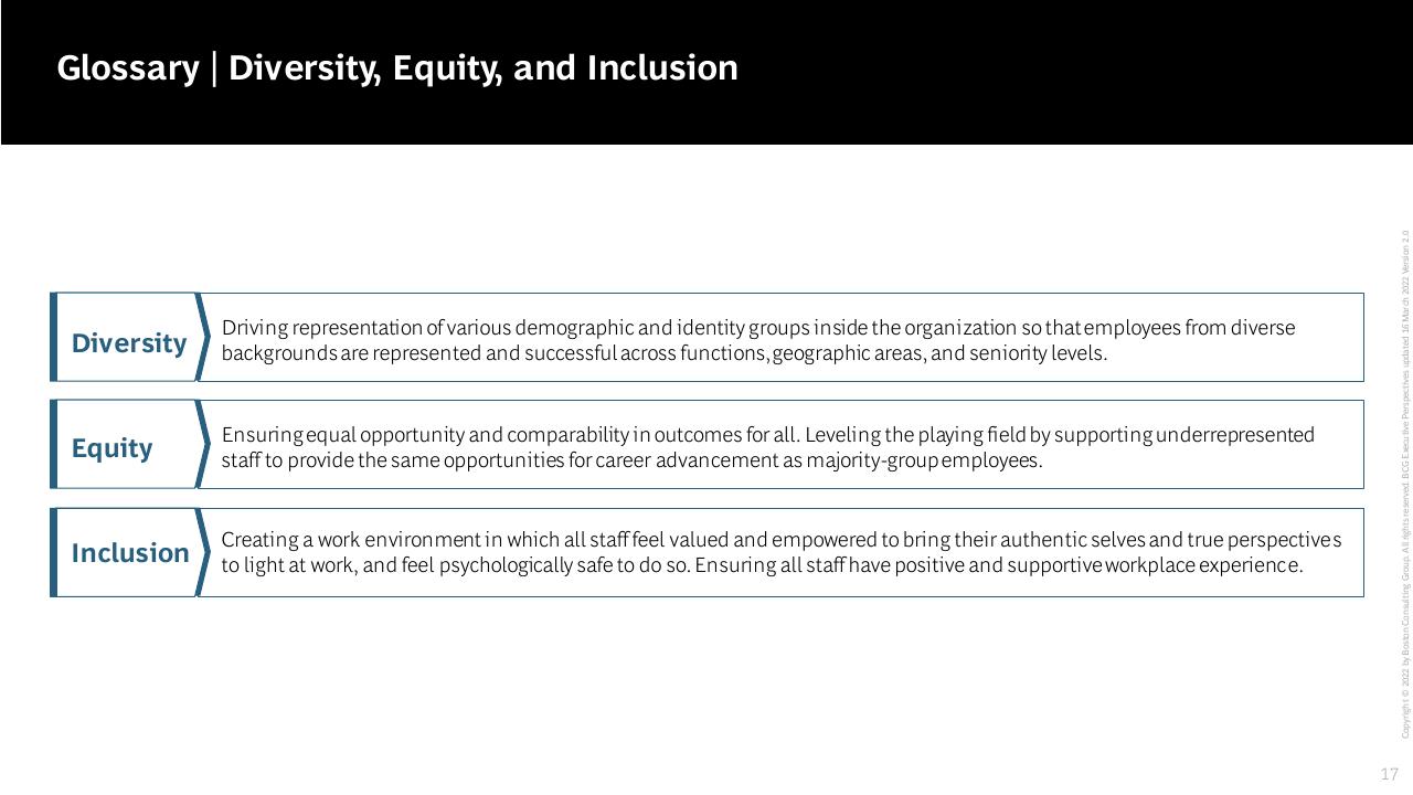 Text slide 17 from Rethink Broaden Diversity Equity And Inclusion To Create A Competitive Advantage BCG