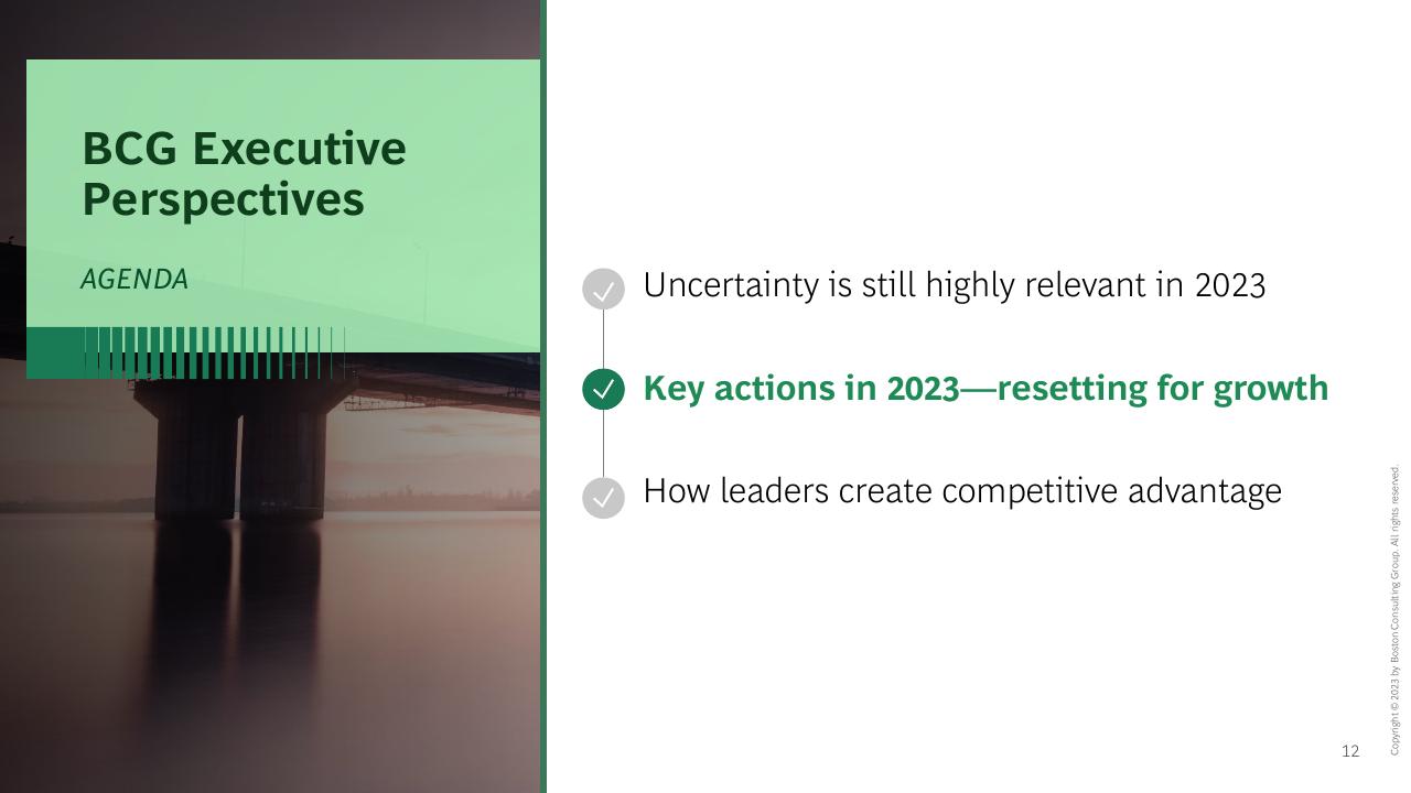 Agenda slide 12 from The CEO Outlook Caution Optimism And Navigating The Road Ahead BCG