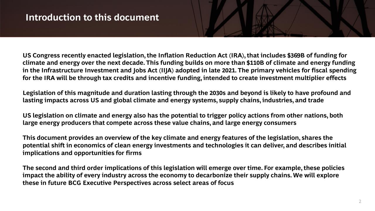 Text slide 2 from US Inflation Reduction Act_ Climate Energy Featuresand Potential Implications BCG