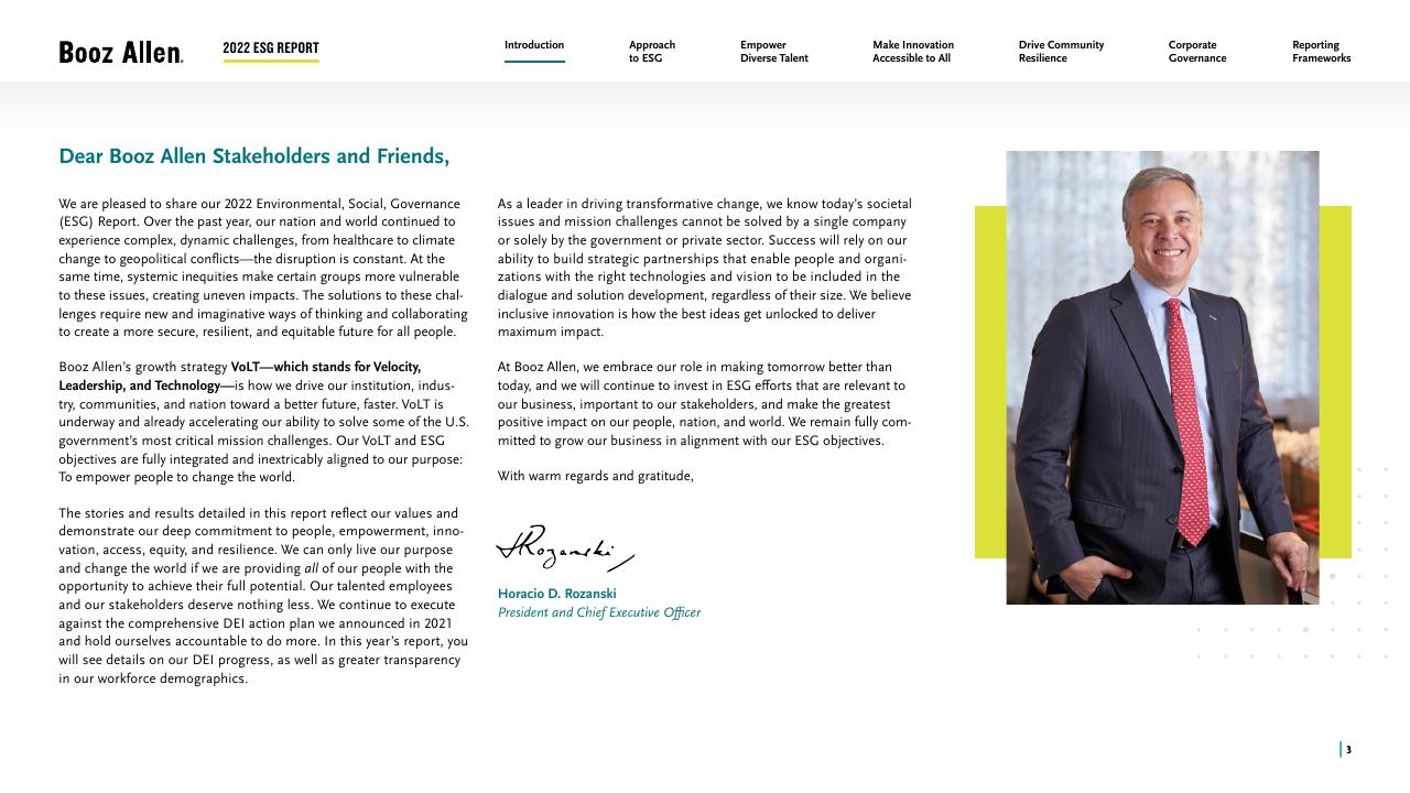 Text slide 3 from 2022 Environmental Social Governance Report Booz