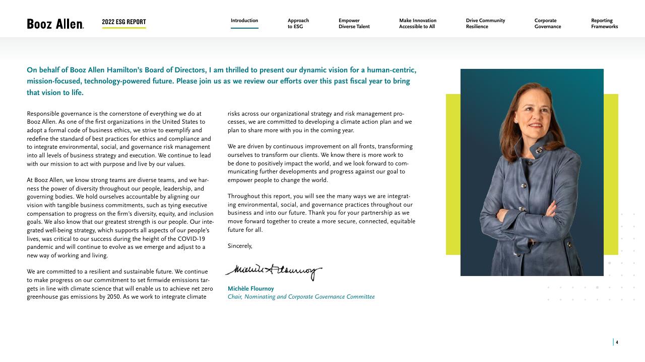 Text slide 4 from 2022 Environmental Social Governance Report Booz