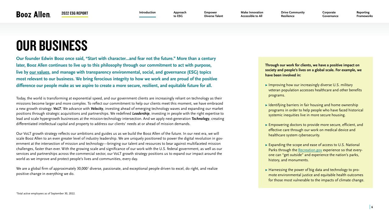 Text slide 6 from 2022 Environmental Social Governance Report Booz