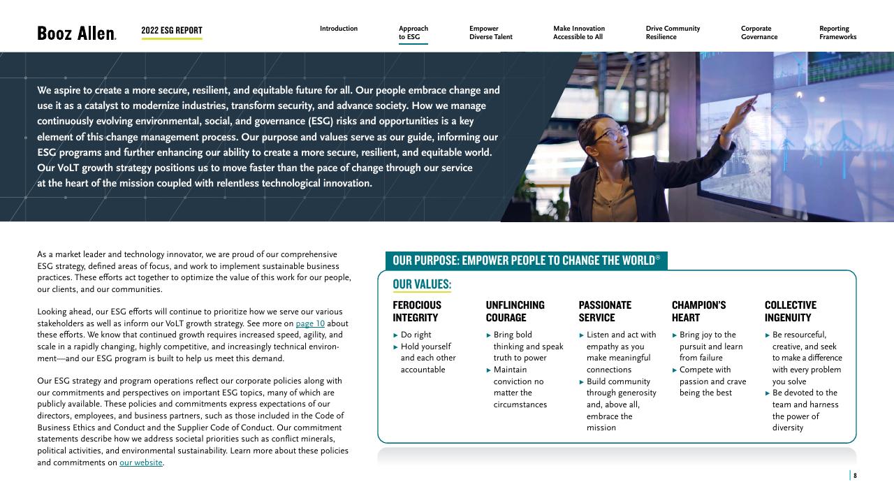 Text slide 8 from 2022 Environmental Social Governance Report Booz