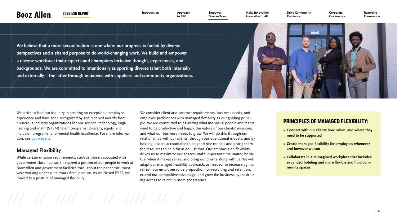 Text slide 13 from 2022 Environmental Social Governance Report Booz