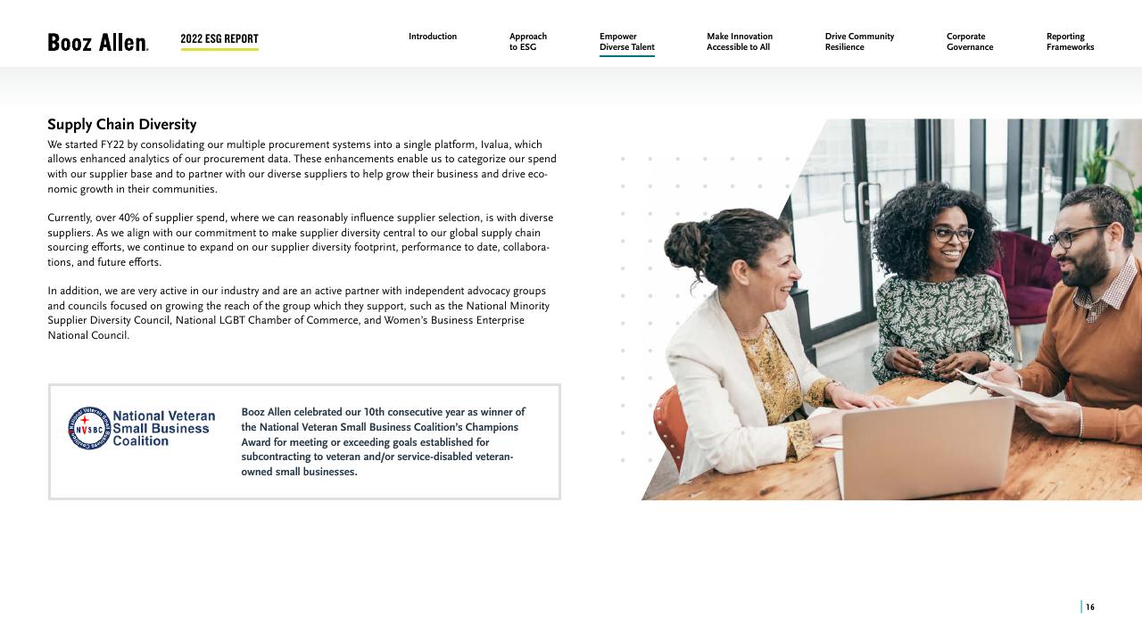 Text slide 16 from 2022 Environmental Social Governance Report Booz