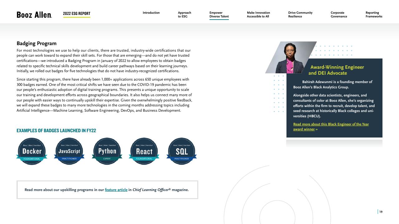 Text slide 19 from 2022 Environmental Social Governance Report Booz