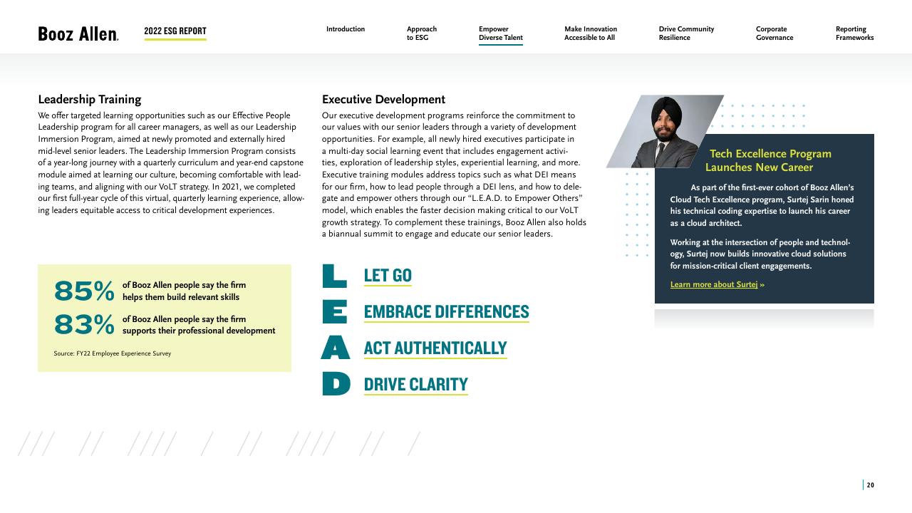 Text slide 20 from 2022 Environmental Social Governance Report Booz