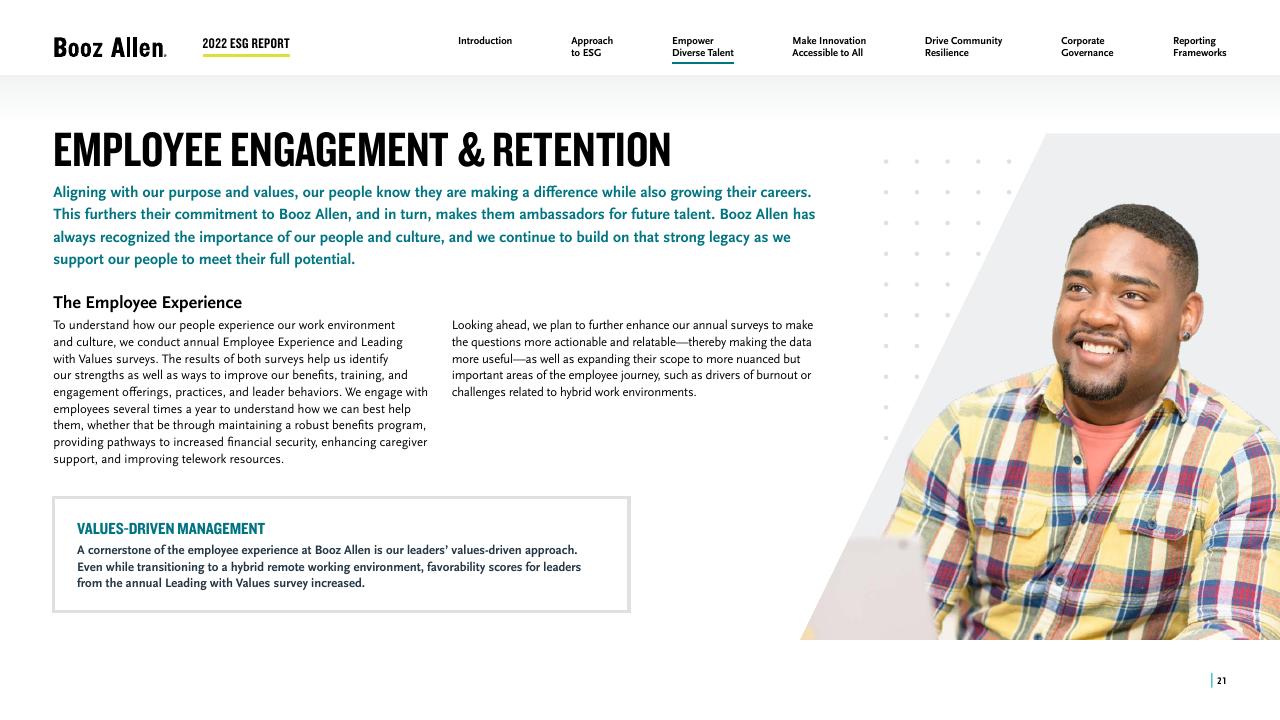 Text slide 21 from 2022 Environmental Social Governance Report Booz