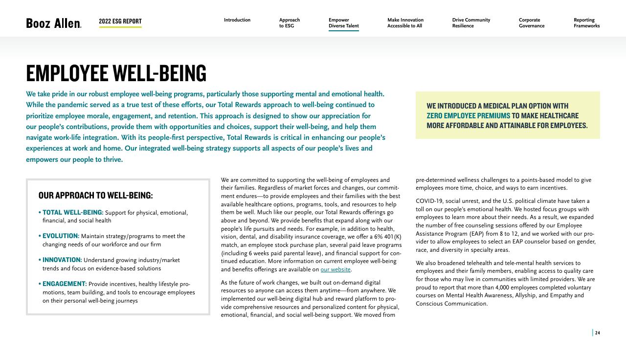 Text slide 24 from 2022 Environmental Social Governance Report Booz