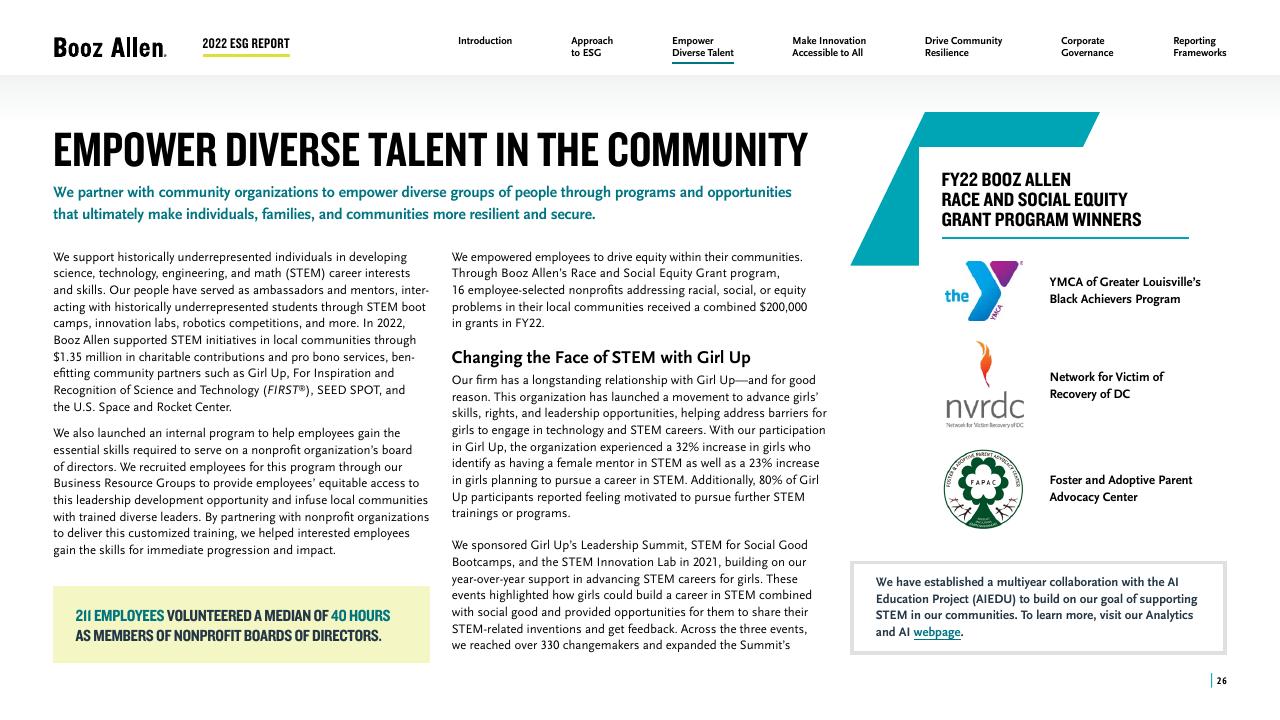 Text slide 26 from 2022 Environmental Social Governance Report Booz