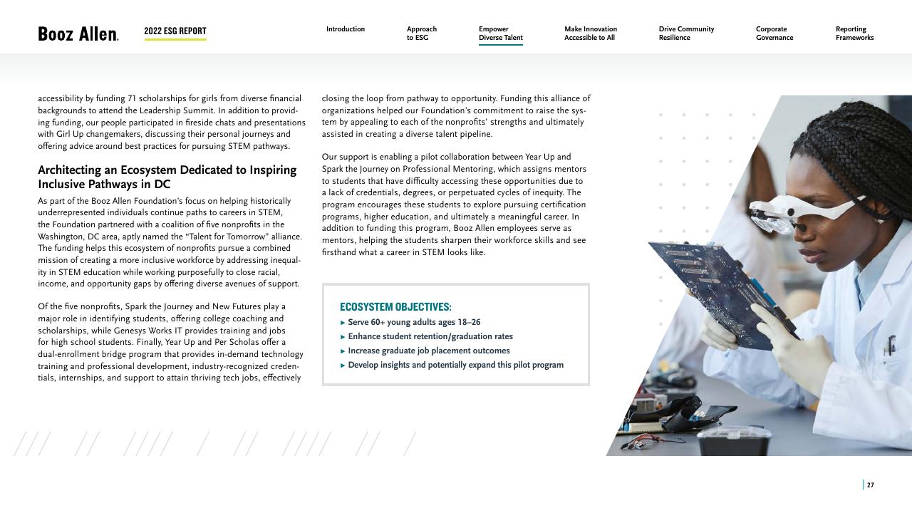 Text slide 27 from 2022 Environmental Social Governance Report Booz
