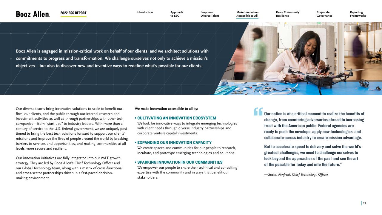 Text slide 29 from 2022 Environmental Social Governance Report Booz
