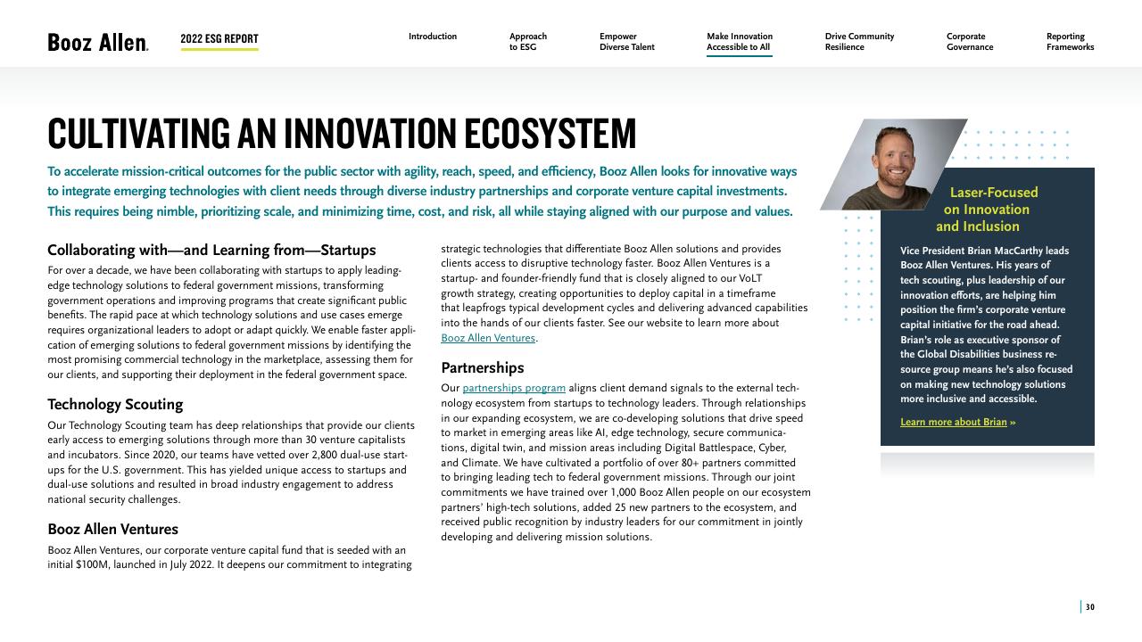 Text slide 30 from 2022 Environmental Social Governance Report Booz