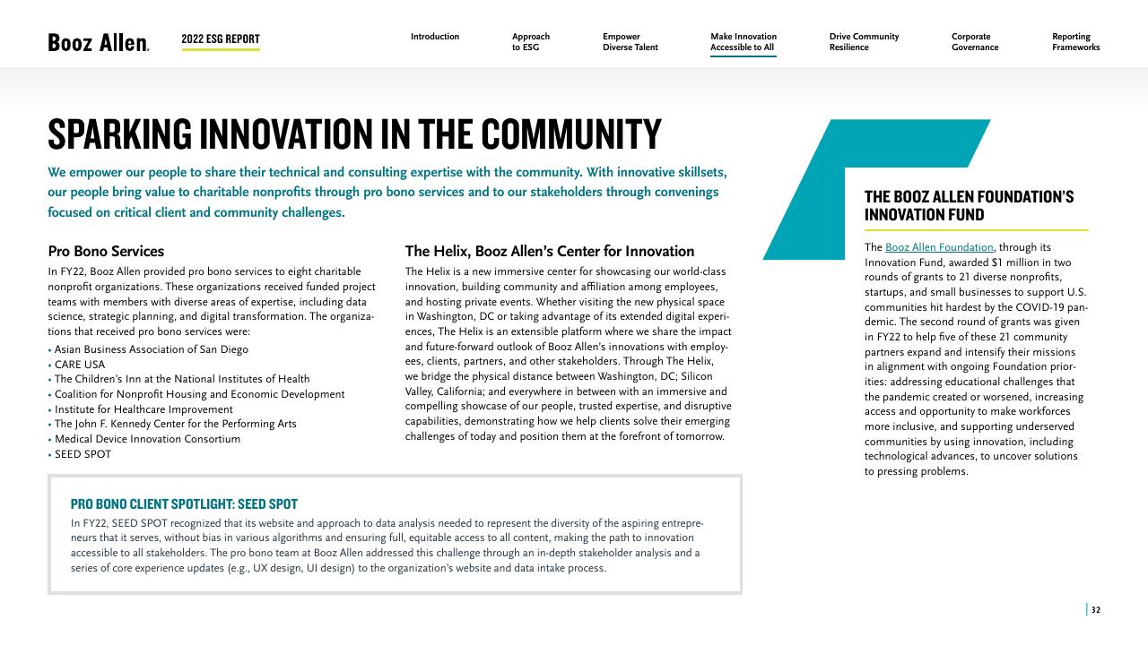 Text slide 32 from 2022 Environmental Social Governance Report Booz
