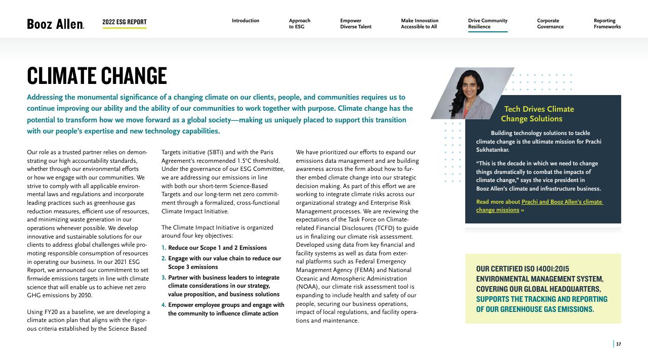 Text slide 37 from 2022 Environmental Social Governance Report Booz