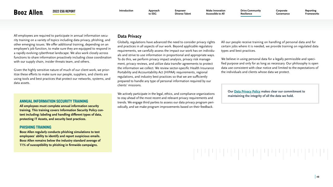 Text slide 40 from 2022 Environmental Social Governance Report Booz