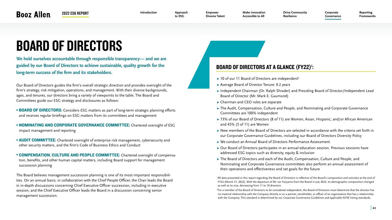 Text slide 44 from 2022 Environmental Social Governance Report Booz