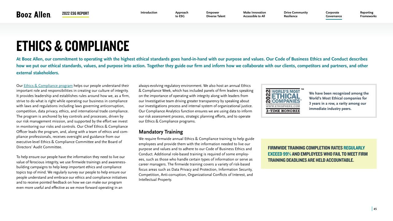 Text slide 45 from 2022 Environmental Social Governance Report Booz