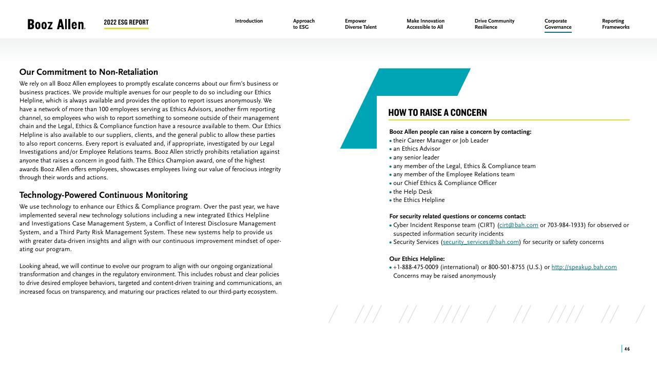 Text slide 46 from 2022 Environmental Social Governance Report Booz