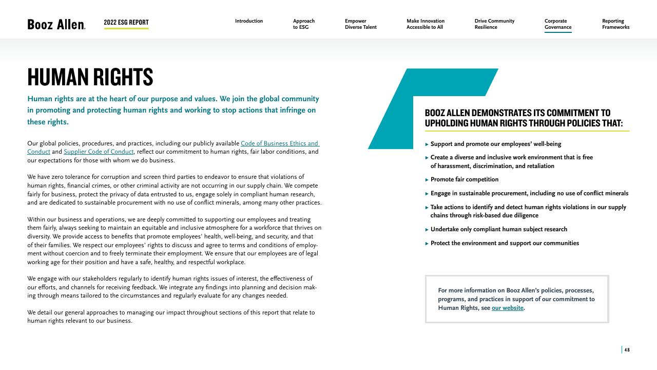 Text slide 48 from 2022 Environmental Social Governance Report Booz