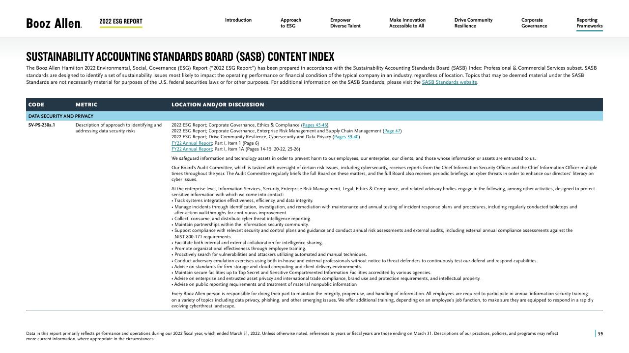 Table slide 59 from 2022 Environmental Social Governance Report Booz