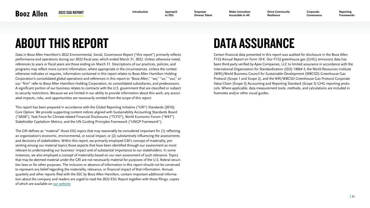 Text slide 71 from 2022 Environmental Social Governance Report Booz
