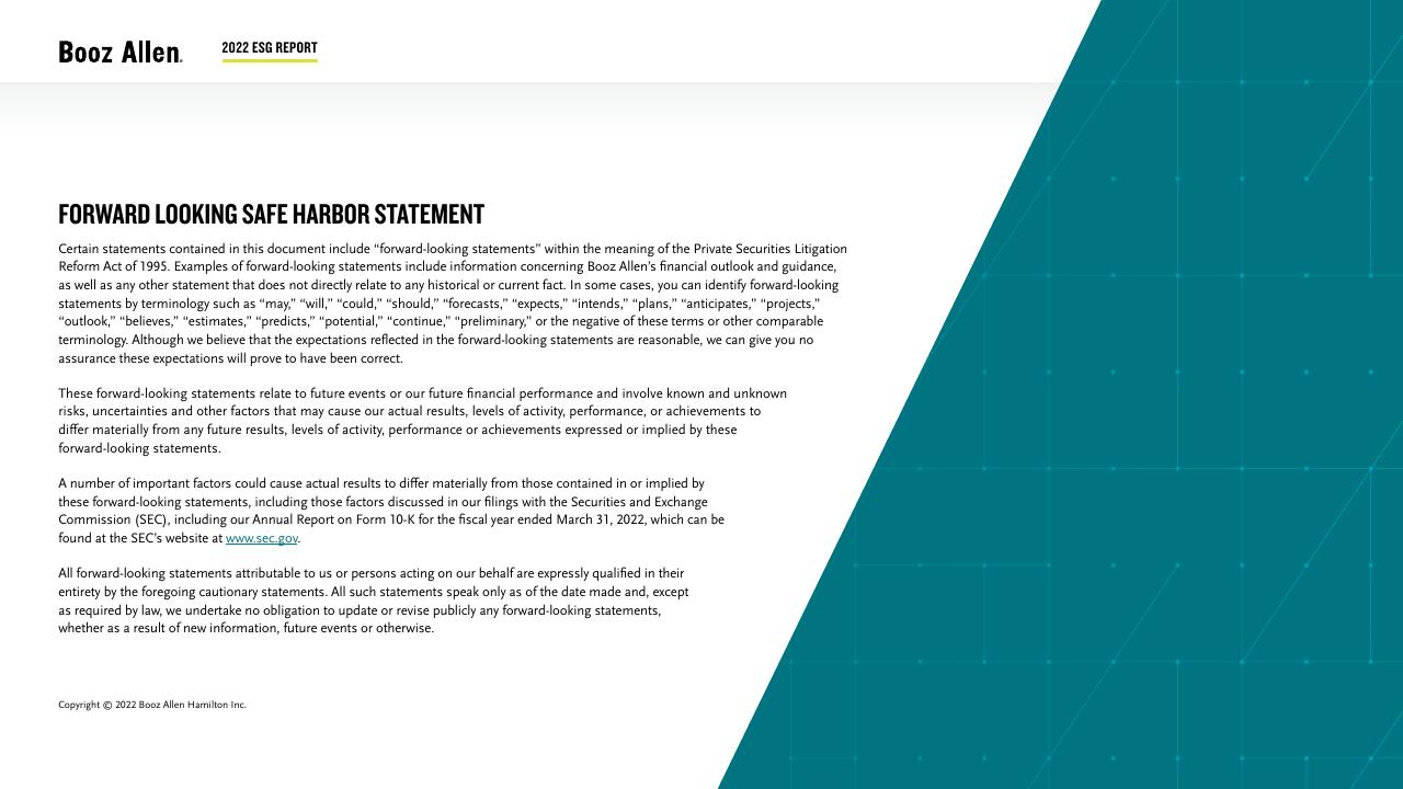 Text slide 72 from 2022 Environmental Social Governance Report Booz