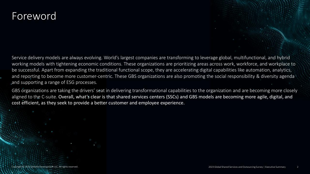 Text slide 2 from 2023 Global Shared Services And Outsourcing Survey Deloitte