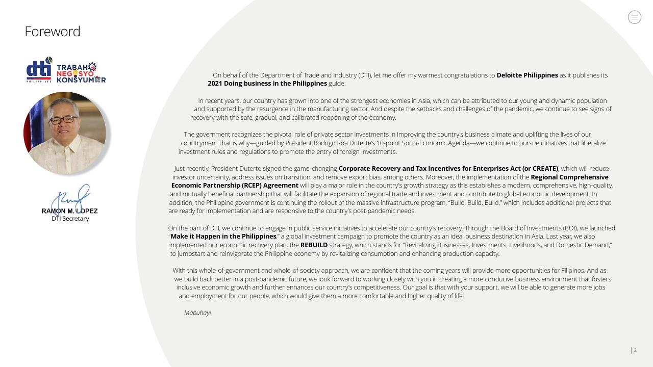 Text slide 2 from Doing Business In The Philippines 2021 Deloitte