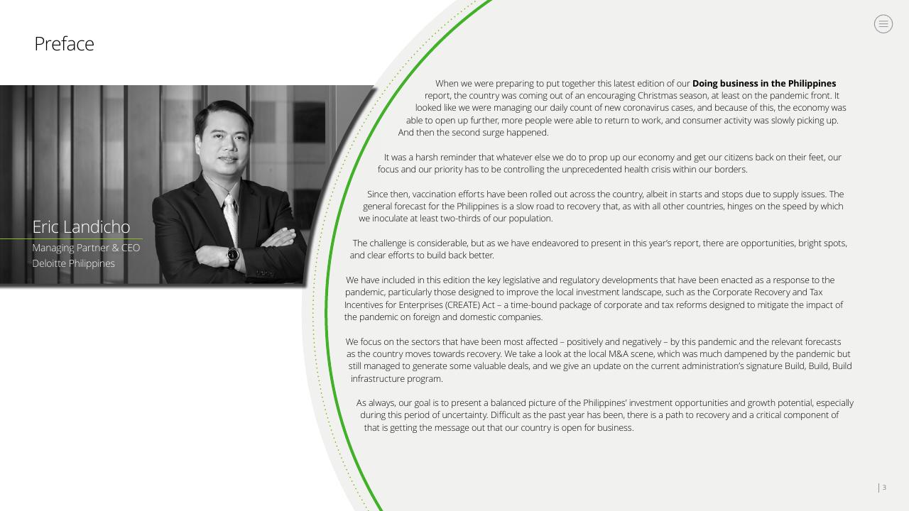 Text slide 3 from Doing Business In The Philippines 2021 Deloitte