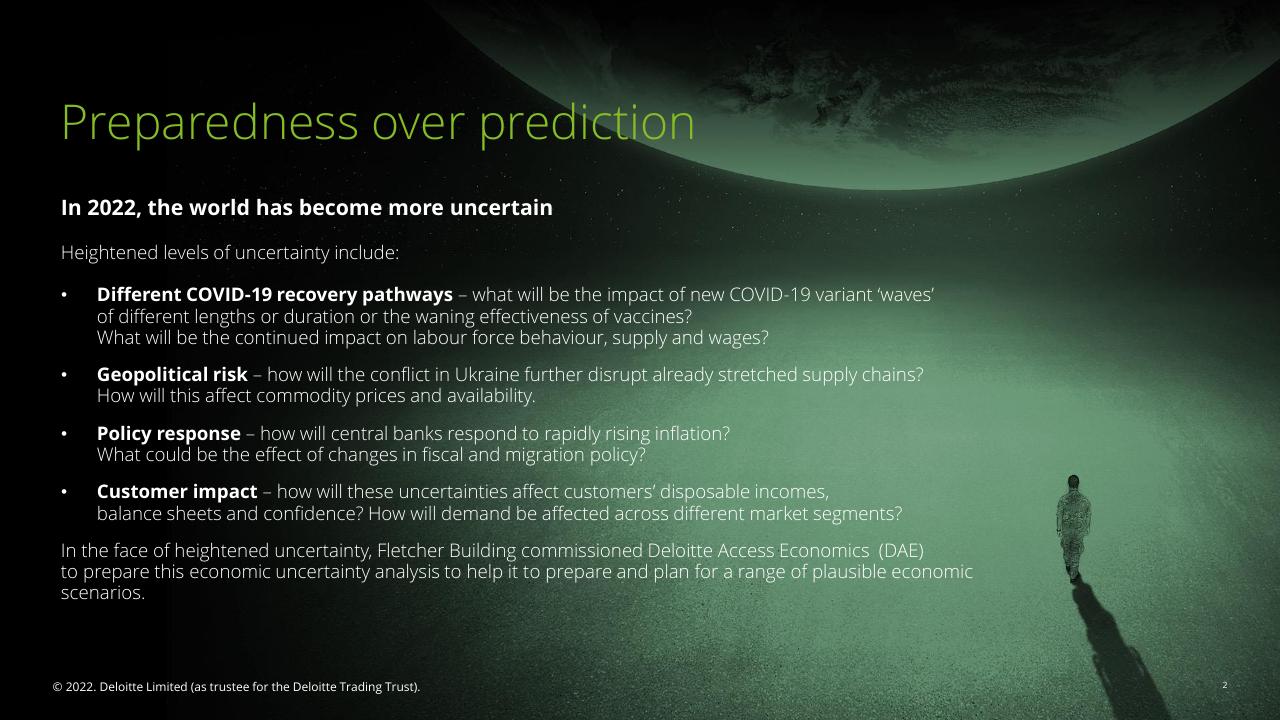 Text slide 2 from Fletcher Building Economic Uncertainty Analysis Deloitte