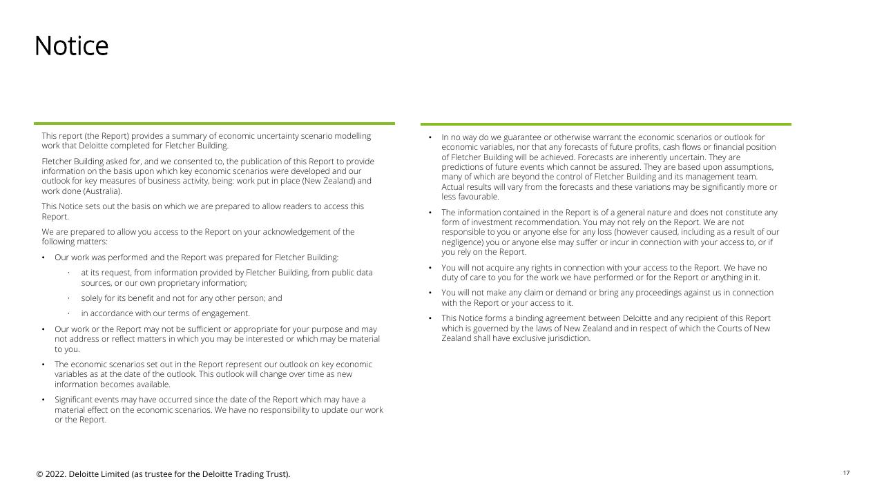 Text slide 17 from Fletcher Building Economic Uncertainty Analysis Deloitte