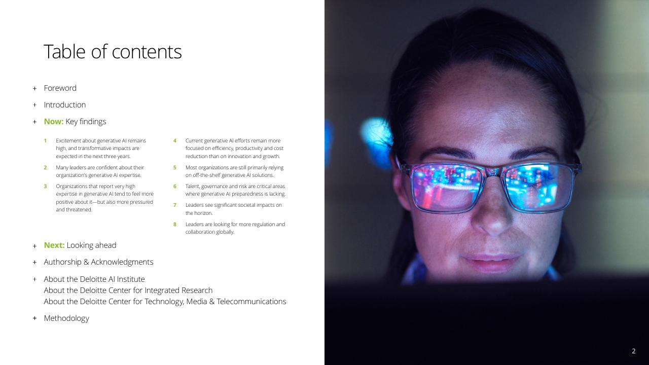 Agenda slide 2 from Insights From The Leading Edge Of Generative AI Adoption Deloitte