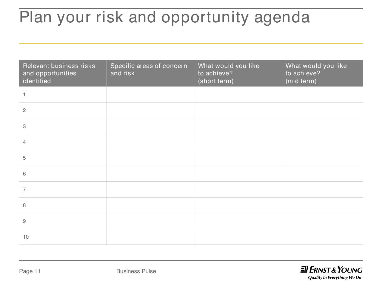 Agenda slide 11 from Dual Perspectives On The Top 10 Risks And Opportunities 2013 And Beyond