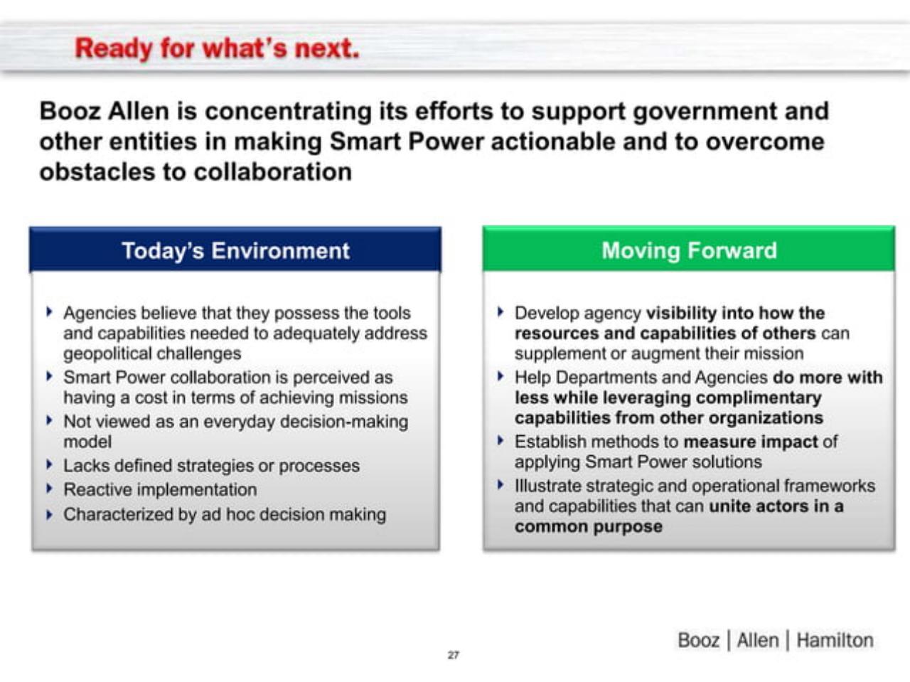 Comparison slide 27 from Joining Forces_ Interagency Collaboration And _smart Power_ Booz