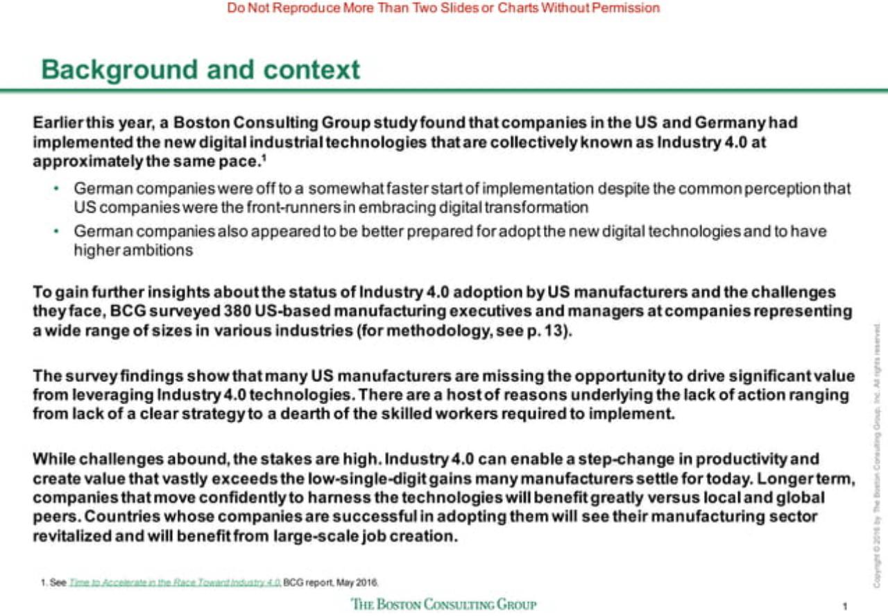 Text slide 2 from Sprinting To Value In Industry 40 Perspectives From And Implications For US Manufacturers BCG