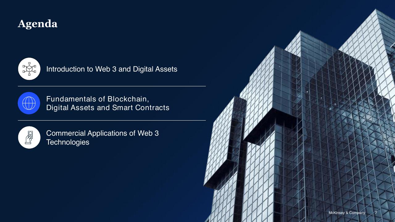 Agenda slide 7 from Blockchain And Digital Assets McKinsey