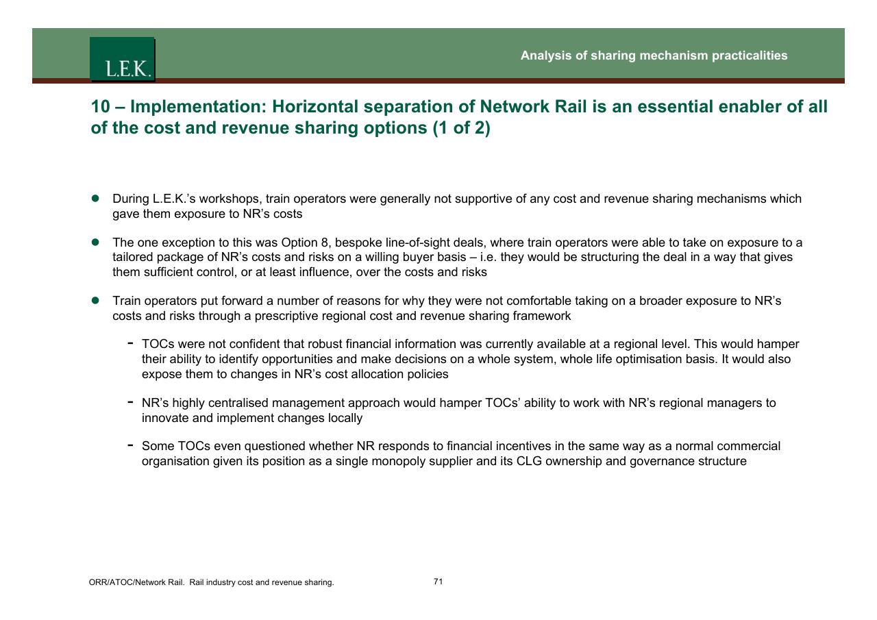 Text slide 72 from Orr_atoc_network Rail Rail Industry Cost And Revenue Sharing