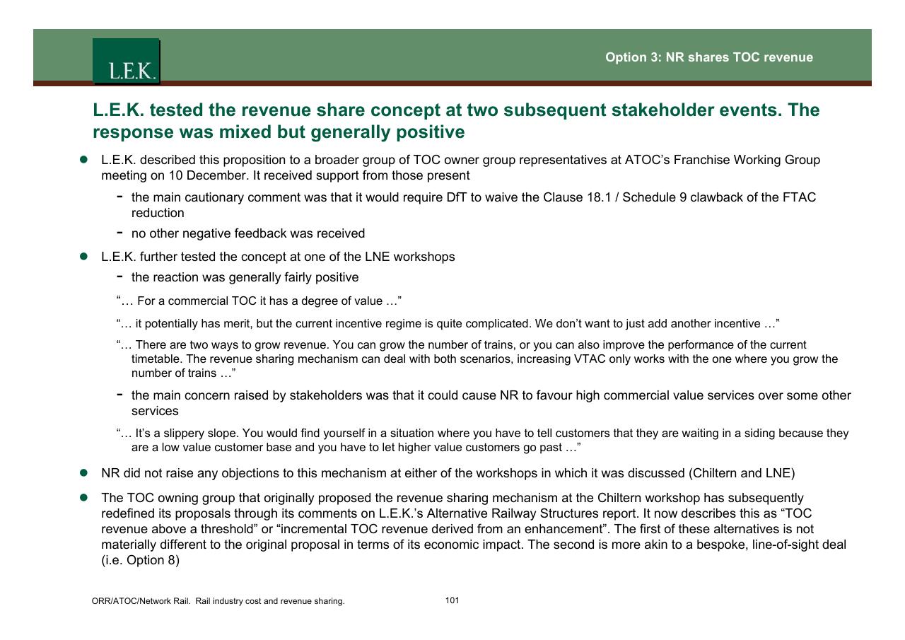 Text slide 102 from Orr_atoc_network Rail Rail Industry Cost And Revenue Sharing